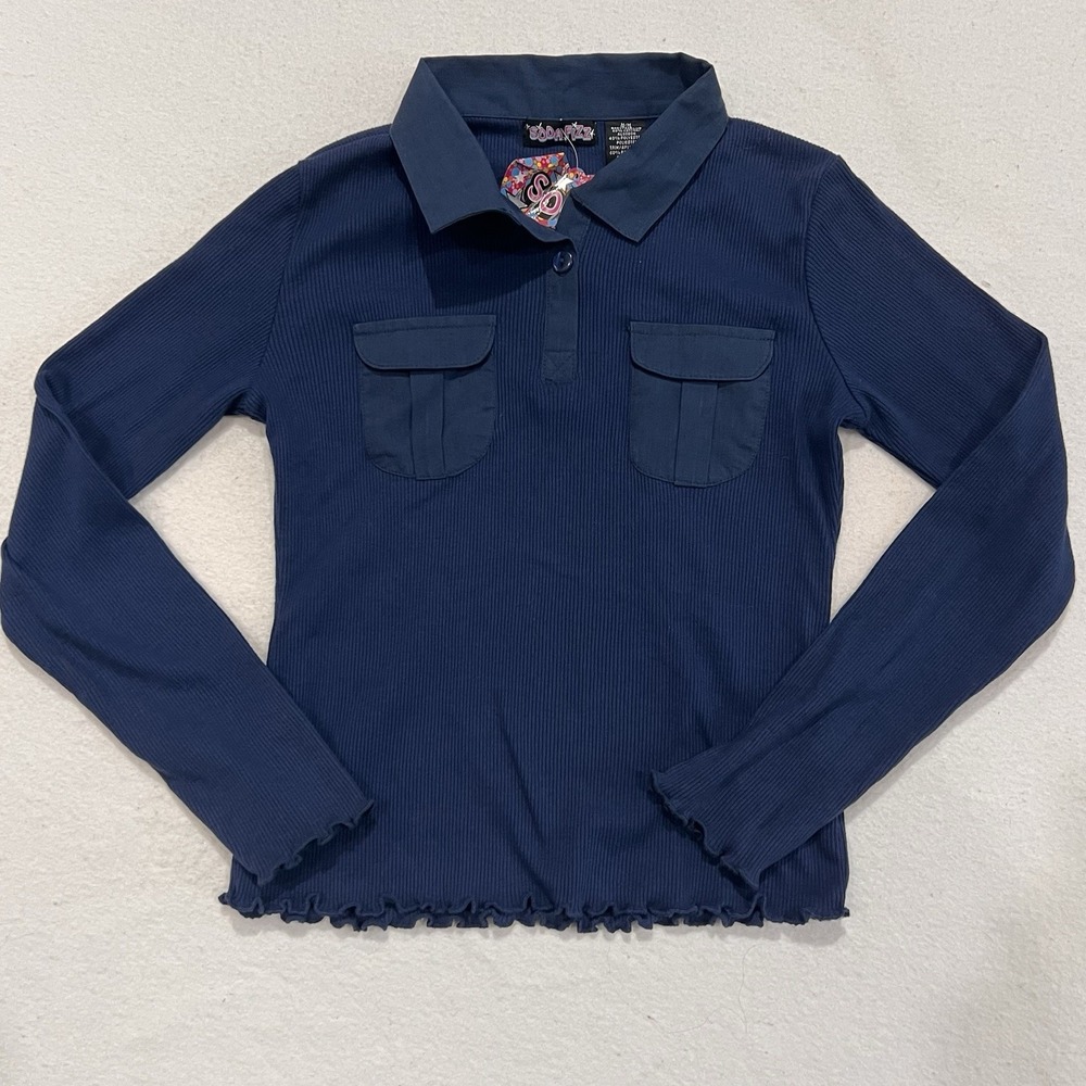 Soda Fizz Girls Blue Ribbed Polo Top Size M 10/12 Long Sleeve Utility Pockets